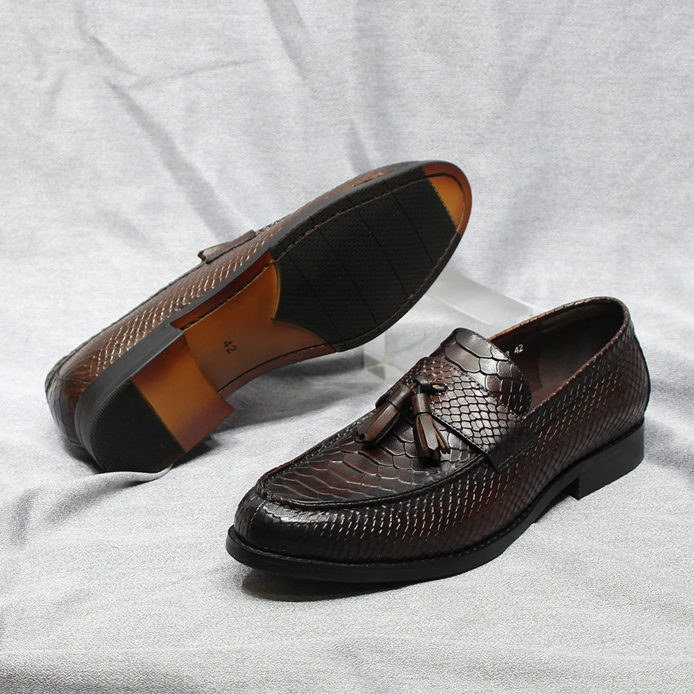 Italian Style Men's Tassel Loafers Genuine Leather Snake Pattern slip