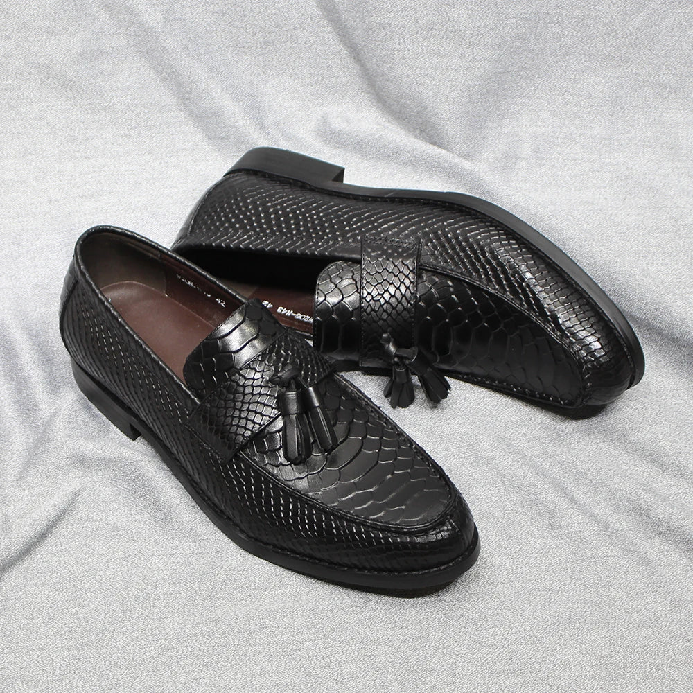 Italian Style Men's Tassel Loafers Genuine Leather Snake Pattern slip