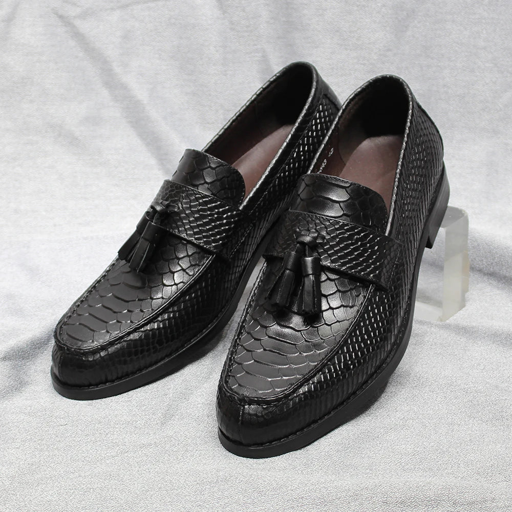 Italian Style Men's Tassel Loafers Genuine Leather Snake Pattern slip